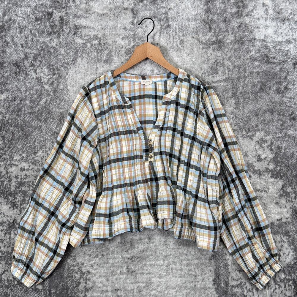 Anthropologie Top Large Womens Pilcro Cotton Flannel Pleated Crop Blouse